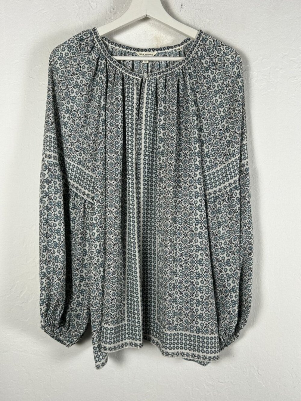 Max Studio Womens Floral Print Peasant Top 2X Blue Long Balloon Sleeve New $118
